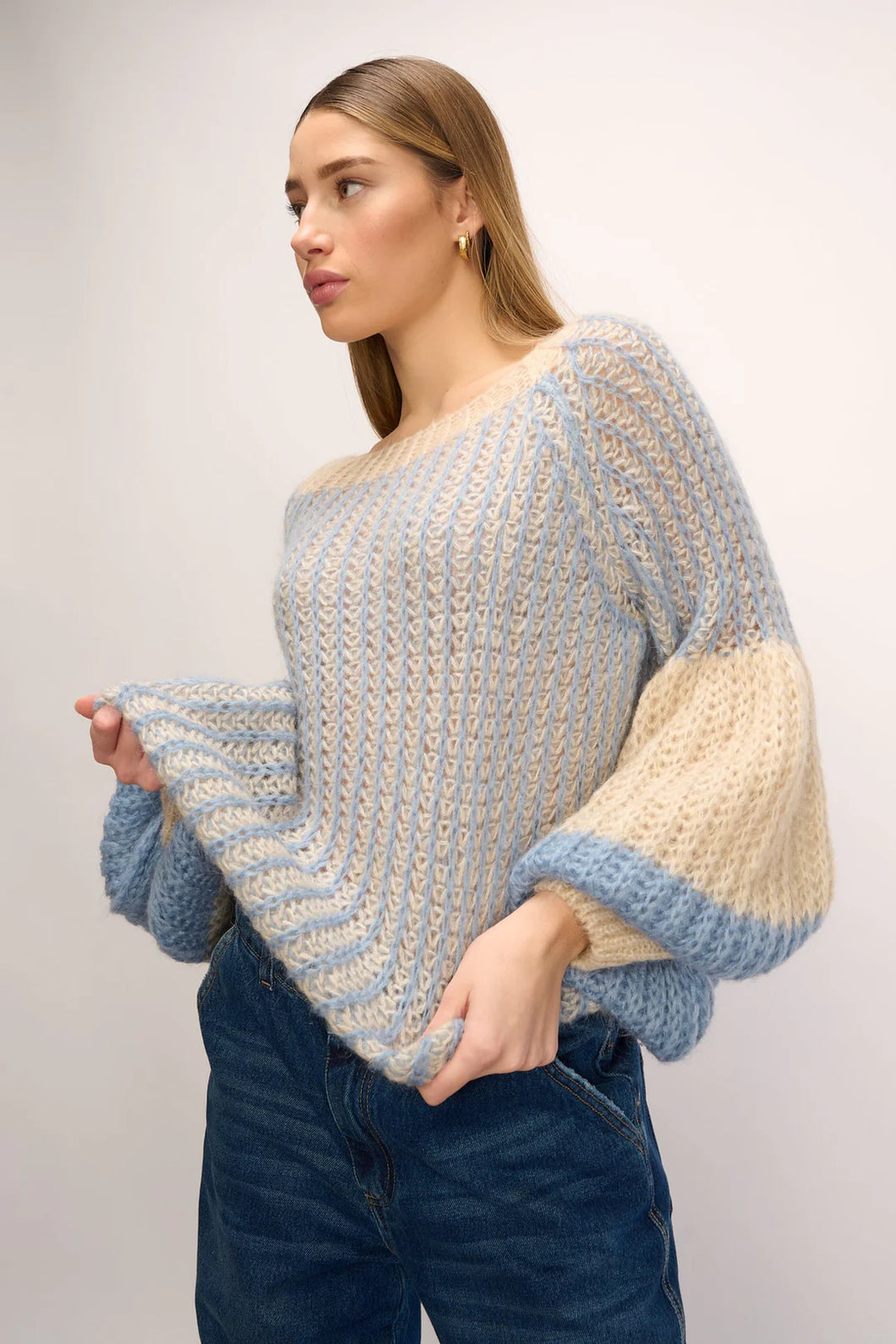 Noella - Liana Knit Sweater Dusty Blue Cream