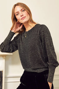 Aspiga - Metallic Knit Crew Puff Shoulder Jumper in Black