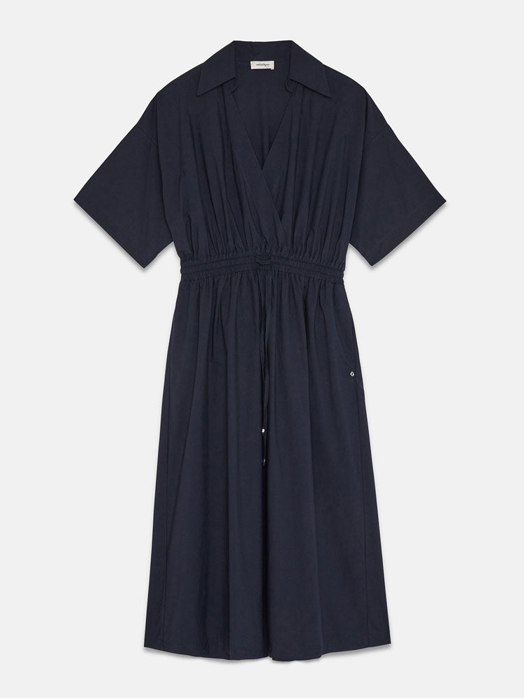 Ottod'Ame Poplin Midi Dress Drawstring - Navy