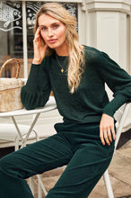 Aspiga - Metallic Knit Crew Puff Shoulder Jumper in Emerald