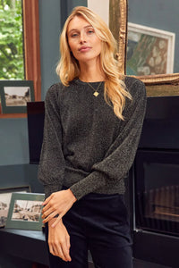 Aspiga - Metallic Knit Crew Puff Shoulder Jumper in Black