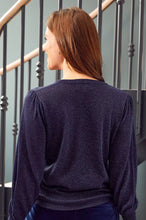 Aspiga - Metallic Knit Crew Puff Shoulder Jumper in Navy