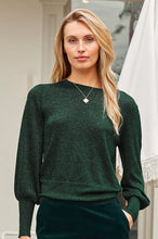 Aspiga - Metallic Knit Crew Puff Shoulder Jumper in Emerald