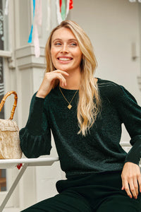 Aspiga - Metallic Knit Crew Puff Shoulder Jumper in Emerald